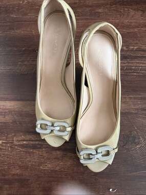 Coach Pale Yellow Peep-Toe wedge heels with Silver Logo Hardware